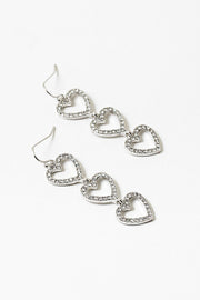 Triple Silver and Crystal Hearts Drop Earrings