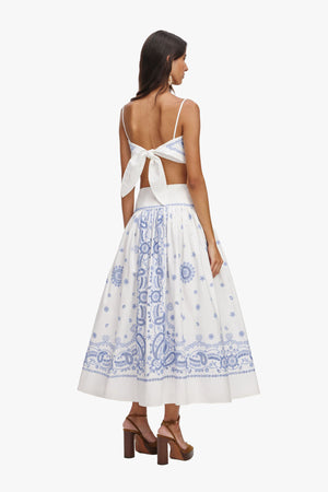 White And Blue Embroidered Midi Skirt