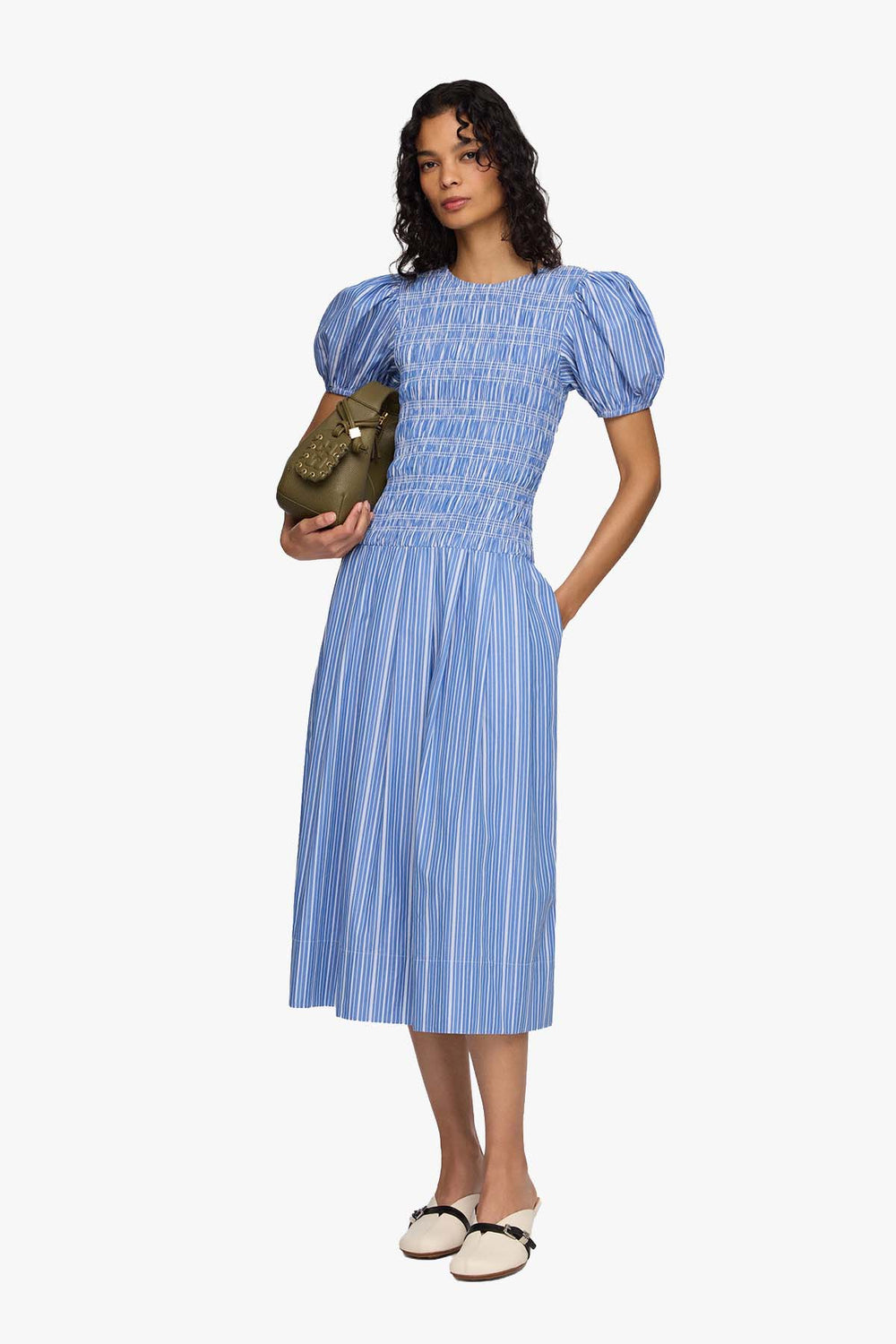 Stripe Cotton Long Smocked Pleated Dress