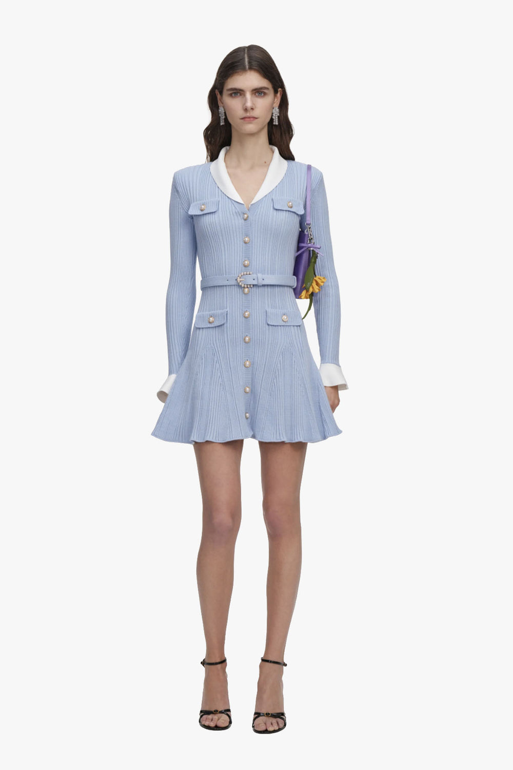 Blue Ribbed Knit Mini Dress