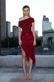 Burgundy Rhinestone Drape Midi Dress
