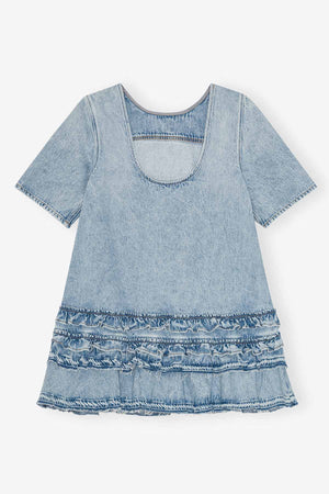Soft Rigid Denim Open Back Frill Mini Dress