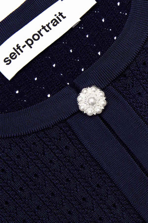 Navy Pointelle Knit Crochet Flower Mini Dress