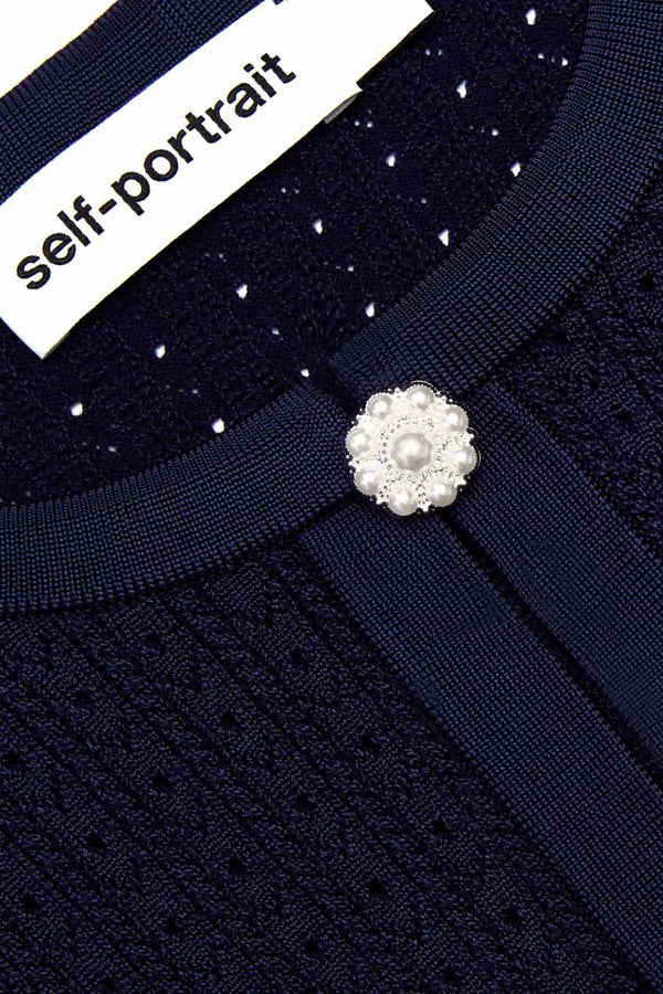 Navy Pointelle Knit Crochet Flower Mini Dress