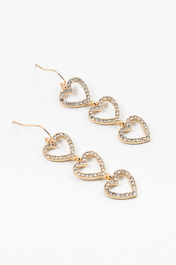 Triple Gold and Crystal Hearts Drop Earrings