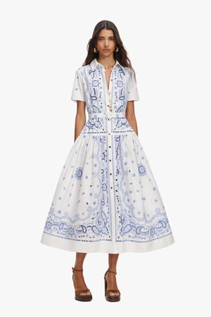 White And Blue Embroidered Midi Dress