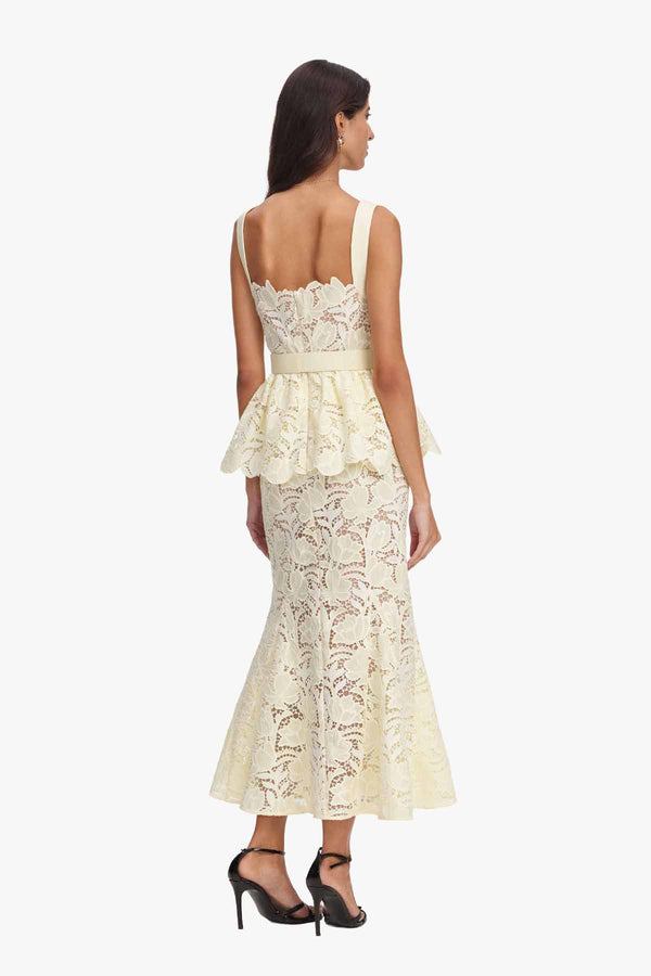 Yellow Lace Peplum Midi Dress