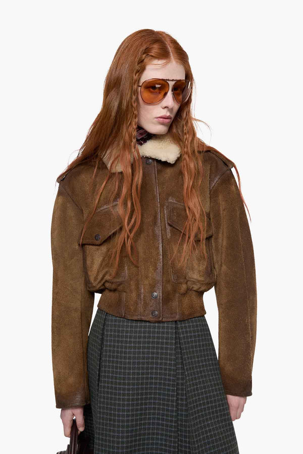 Shearling Collar Leather Bomber