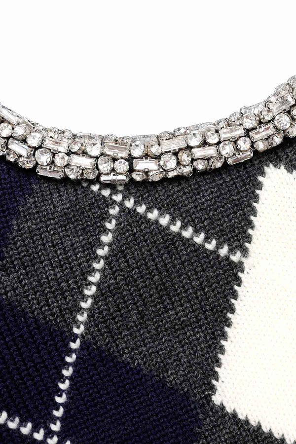 Grey Argyle Crystal Trim Jumper