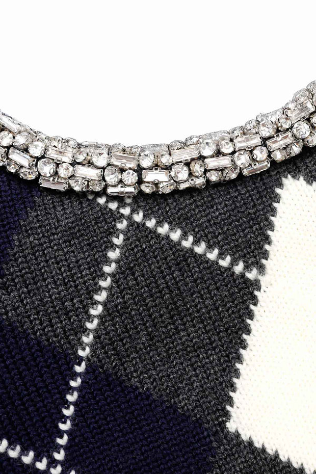 Grey Argyle Crystal Trim Jumper