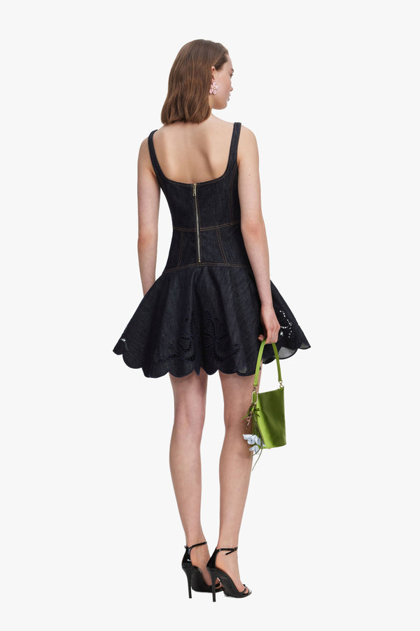 Indigo Denim Bow Embroidered Mini Dress