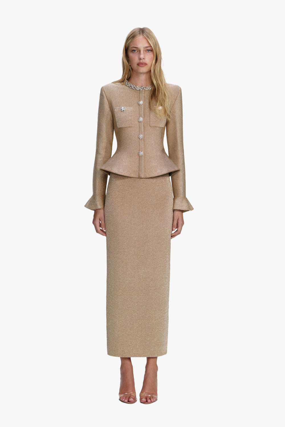 Gold Crystal Trim Knit Midi Dress