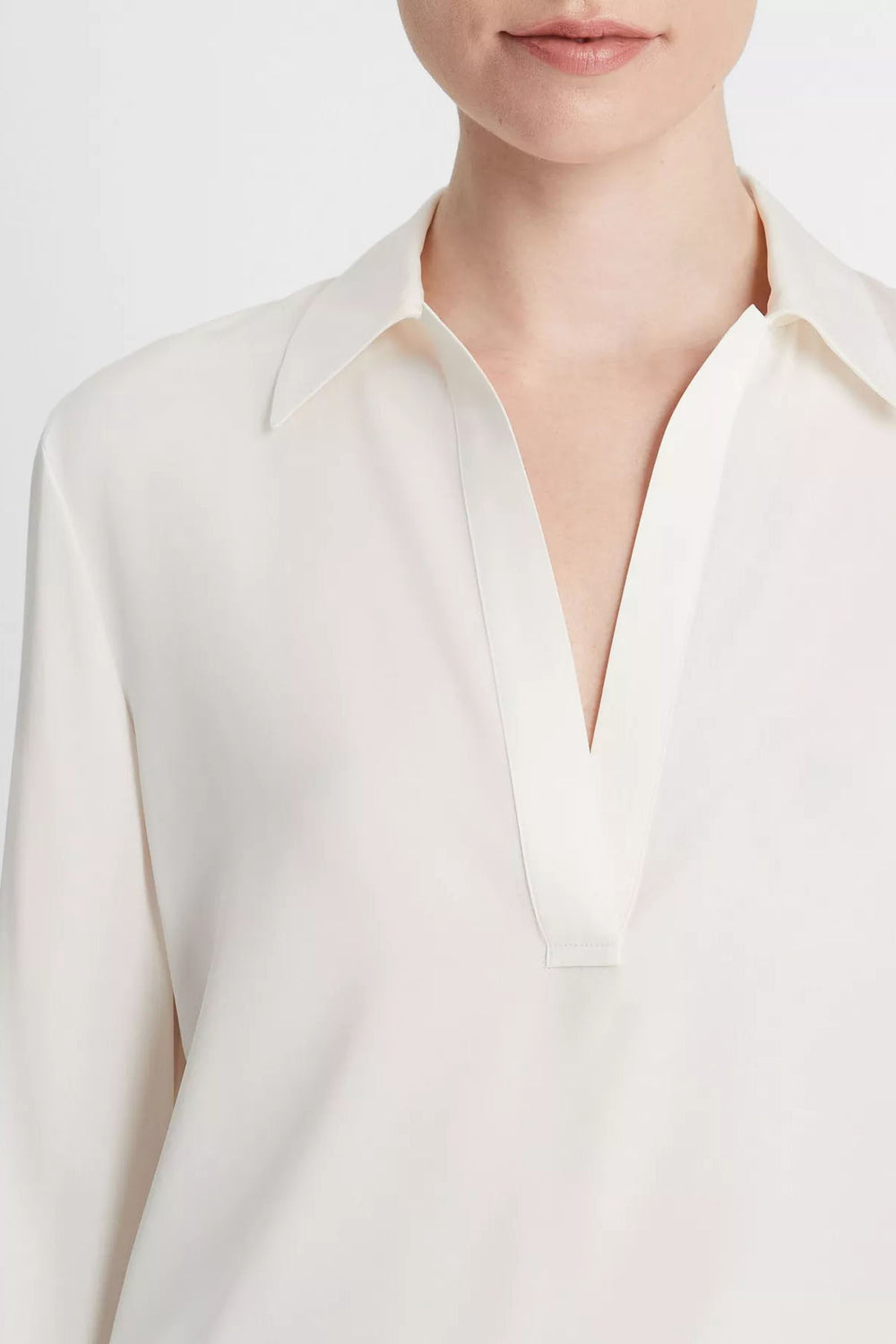 Stretch-Silk Long-Sleeve Polo Blouse