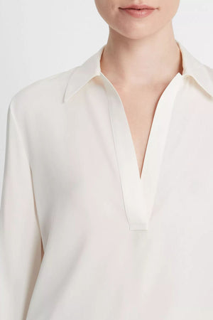 Stretch-Silk Long-Sleeve Polo Blouse