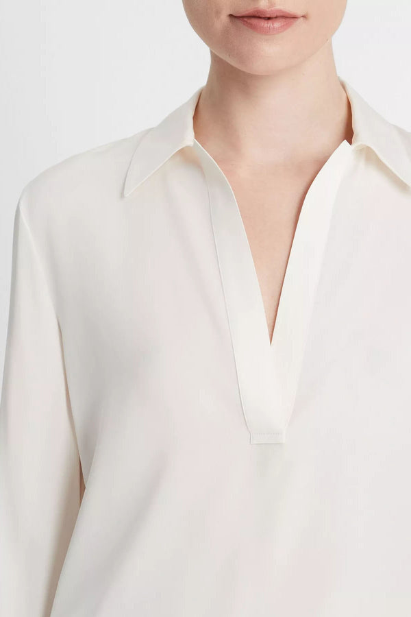 Stretch-Silk Long-Sleeve Polo Blouse