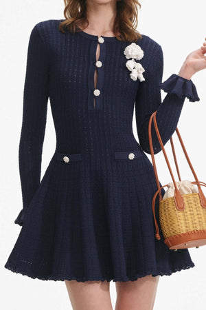 Navy Pointelle Knit Crochet Flower Mini Dress