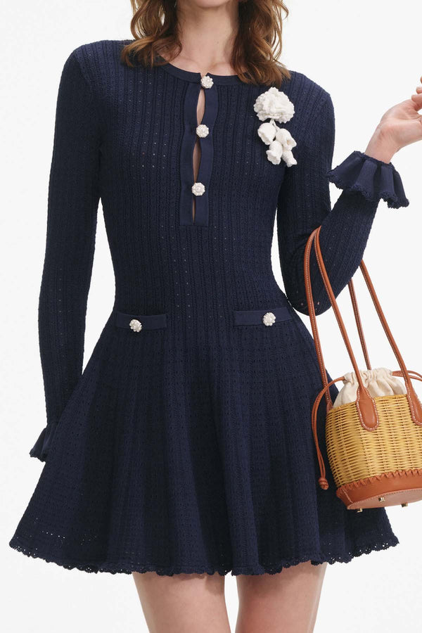 Navy Pointelle Knit Crochet Flower Mini Dress