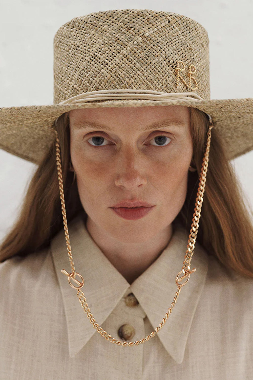 Monogram Embellished Chain Strap Boater Hat