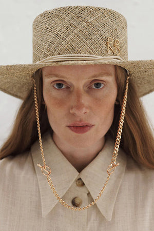 Monogram Embellished Chain Strap Boater Hat