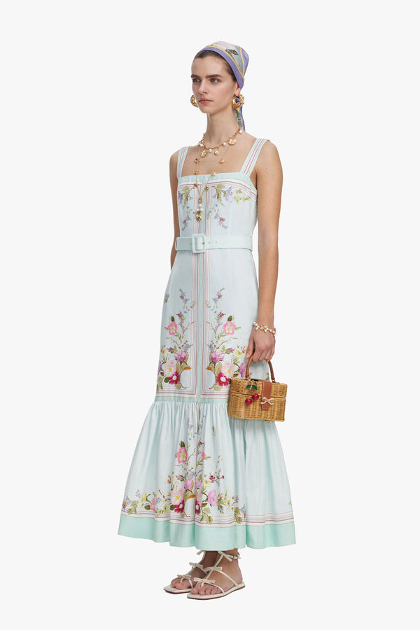Mint Floral Linen Midi Dress