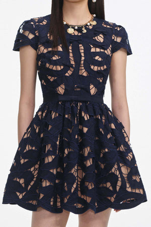 Navy Bow Embroidered Mini Dress