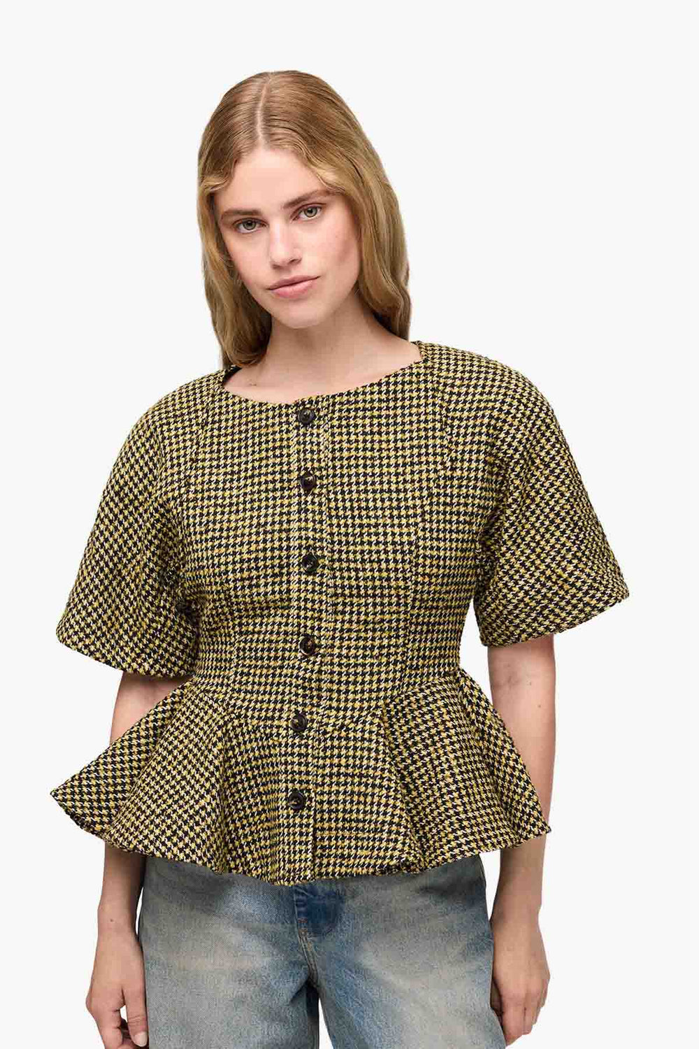 Woollen Check Peplum Blouse