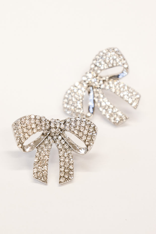 Chunky Crystal Silver Bow-Tie Earrings