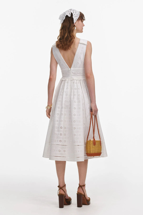 White Cotton Embroidery Midi Dress