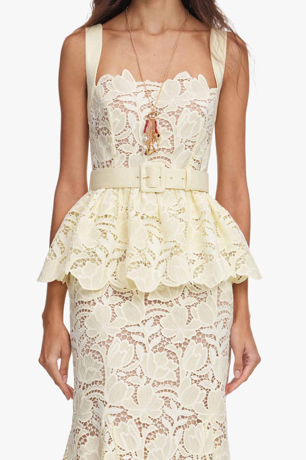 Yellow Lace Peplum Midi Dress
