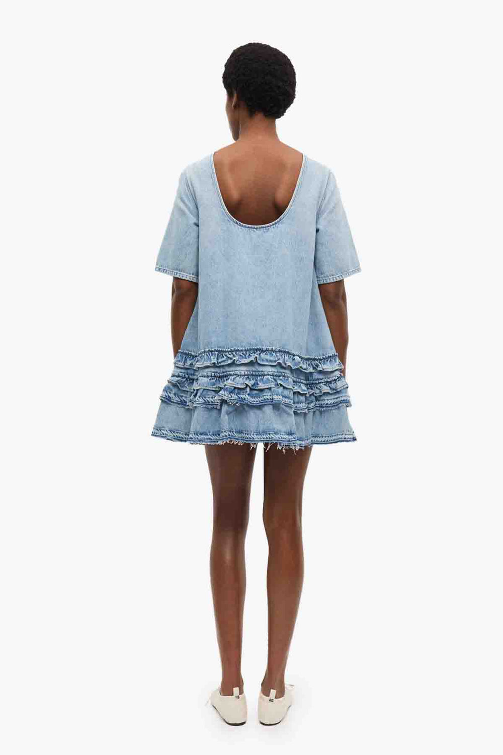 Soft Rigid Denim Open Back Frill Mini Dress