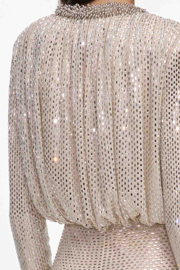 Champagne Rhinestone Embellished Maxi Dress