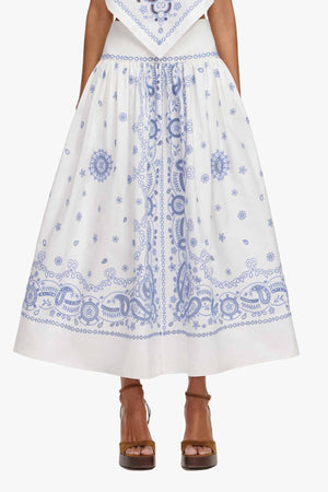 White And Blue Embroidered Midi Skirt