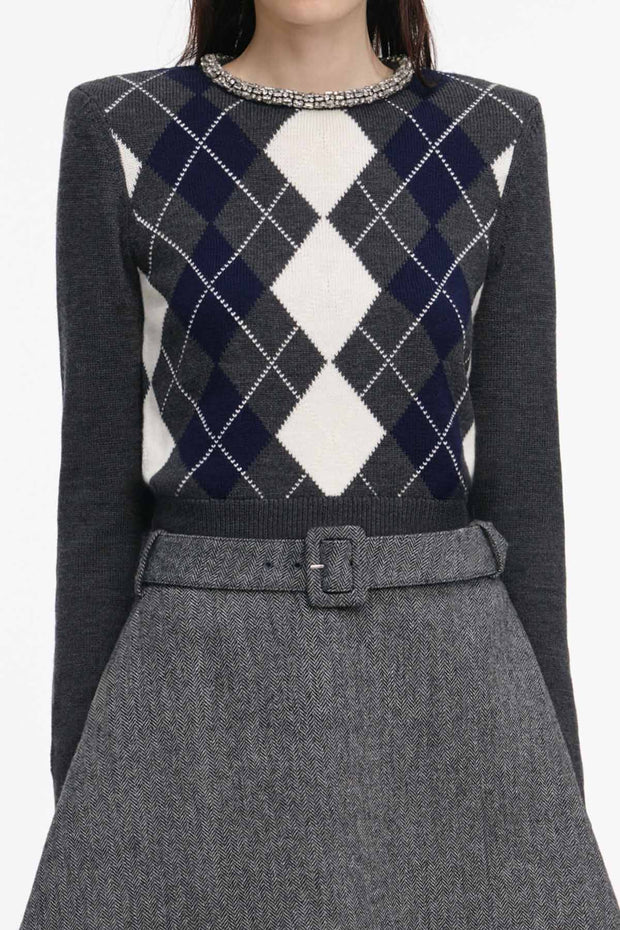 Grey Argyle Crystal Trim Jumper