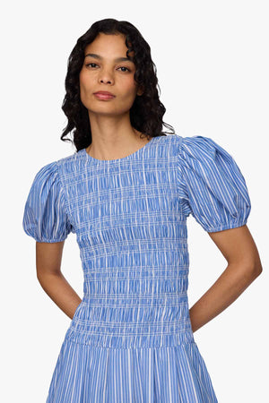 Stripe Cotton Long Smocked Pleated Dress
