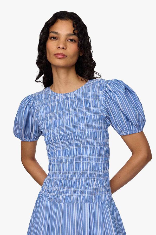 Stripe Cotton Long Smocked Pleated Dress