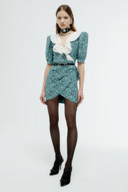 Floral Print Silk Mini Dress Volant Collar