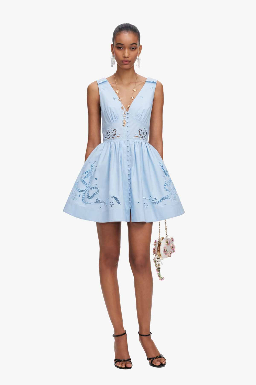 Blue Cotton Embroidered Mini Dress