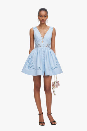 Blue Cotton Embroidered Mini Dress