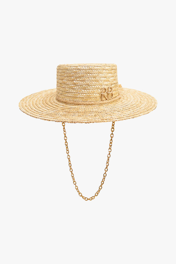 Ruslan Baginskiy Monogram Embellished Chain Strap Straw Boater Hat