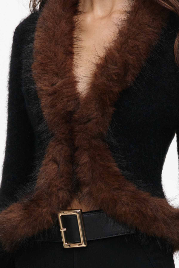 Black Faux Fur Knit Cardigan