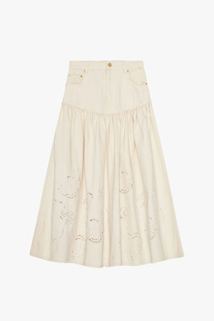 Broderie Anglaise Denim Long Skirt