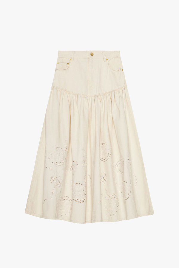 Broderie Anglaise Denim Long Skirt