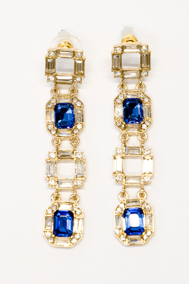 Gold Art Deco Blue Crystal Square Drops