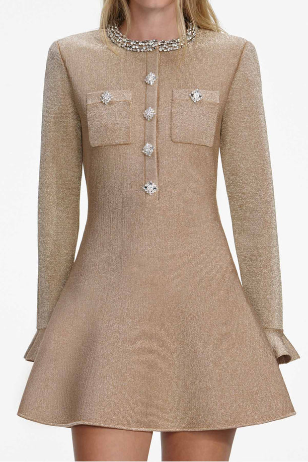 Gold Crystal Trim Knit Mini Dress