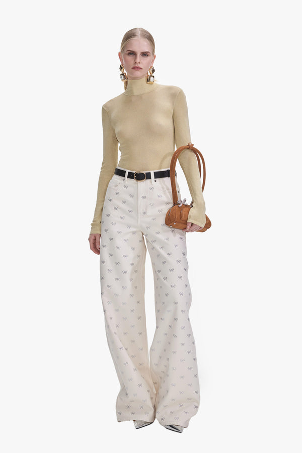 Cream Denim Diamante Bow Jeans