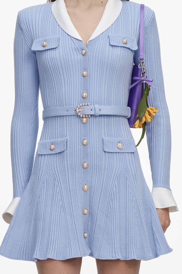 Blue Ribbed Knit Mini Dress