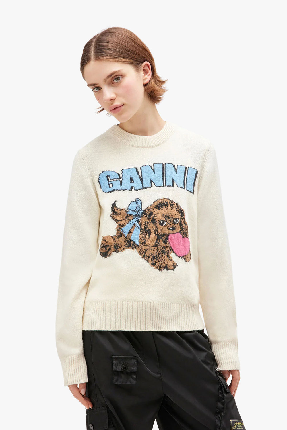 Graphic Wool Mix Fluffy Puppy Love Crewneck