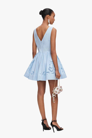 Blue Cotton Embroidered Mini Dress