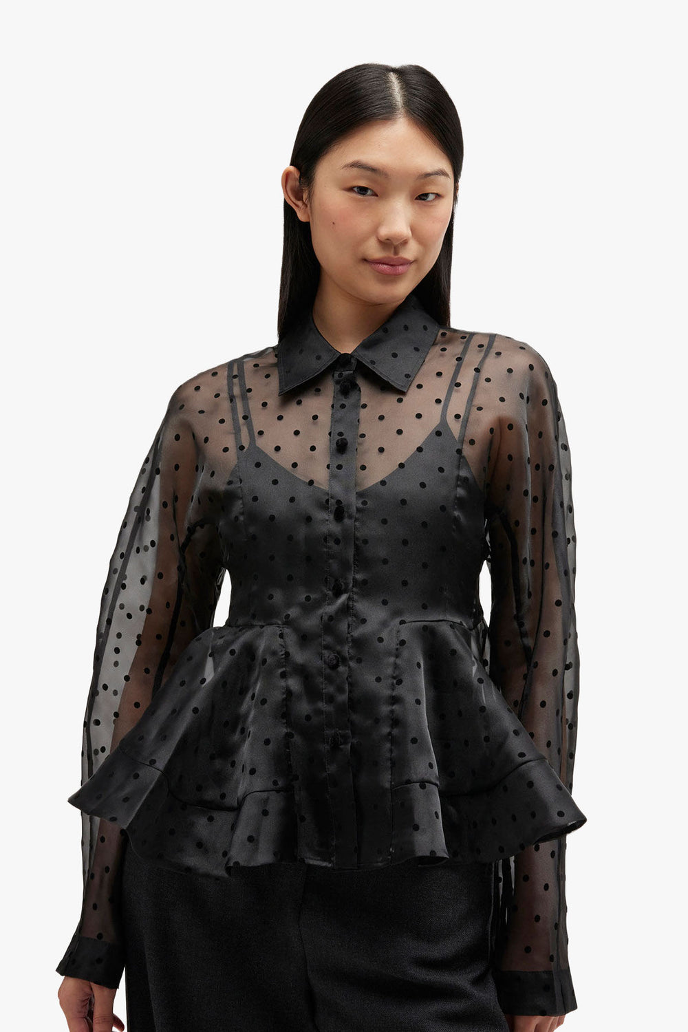 Flocked Organza Peplum Shirt