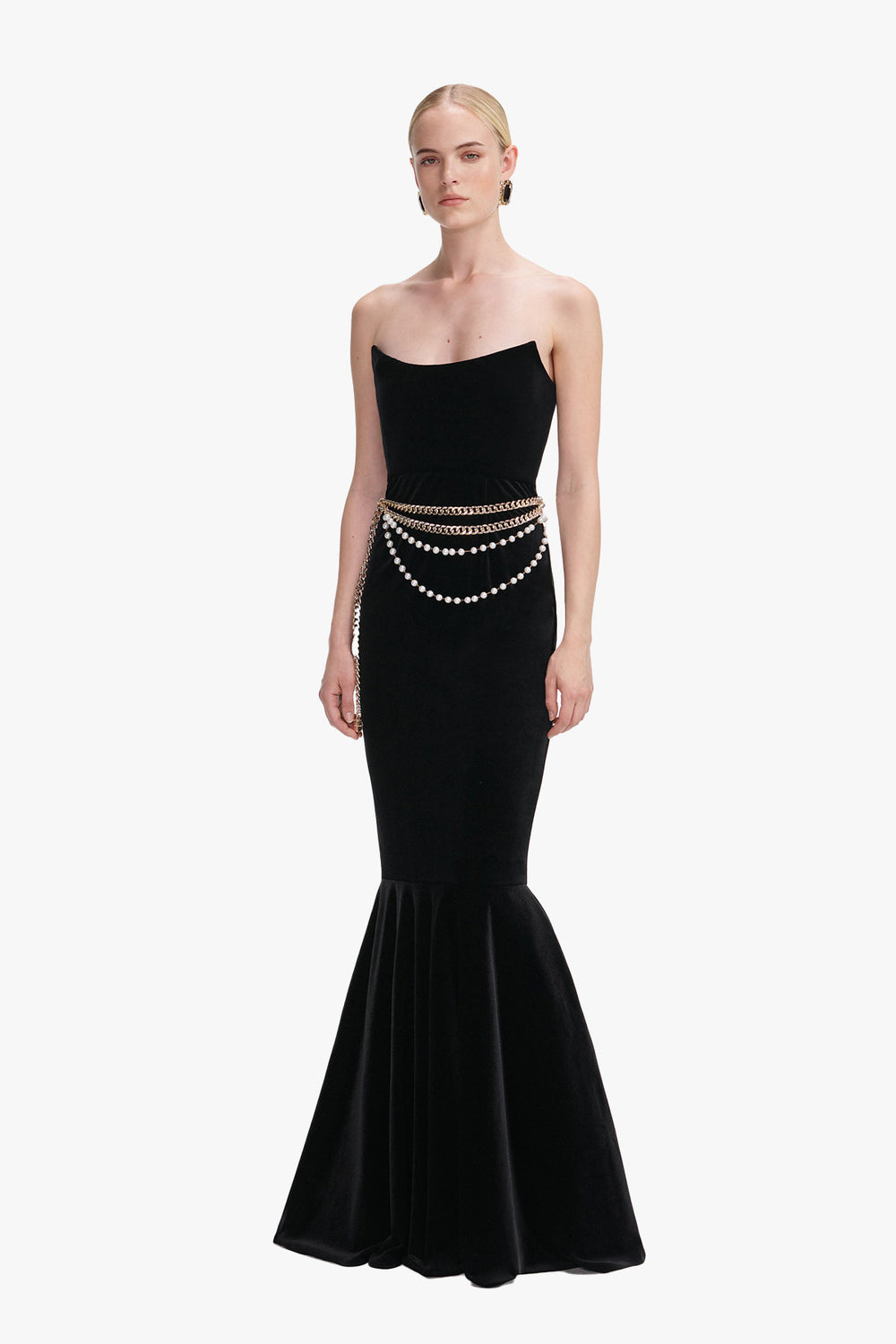 Velvet chain belt maxi dress